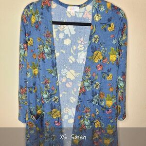 LuLaRoe Sarah Duster Cardigan XS Blue Floral Roses NEW